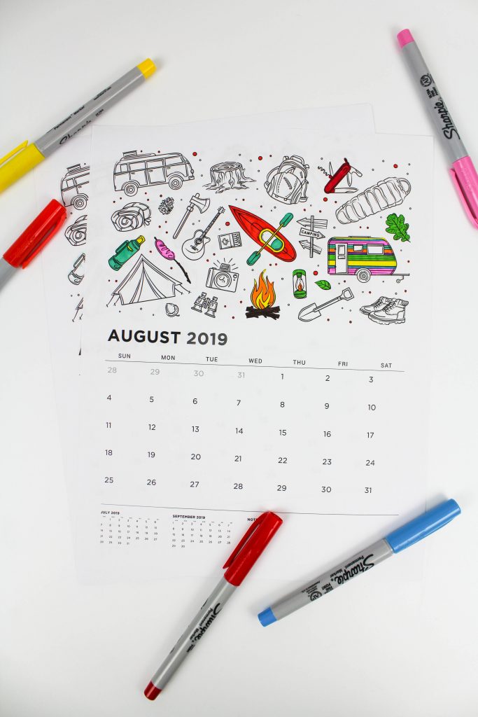 Printable August 2019 Calendar: Coloring Pages!