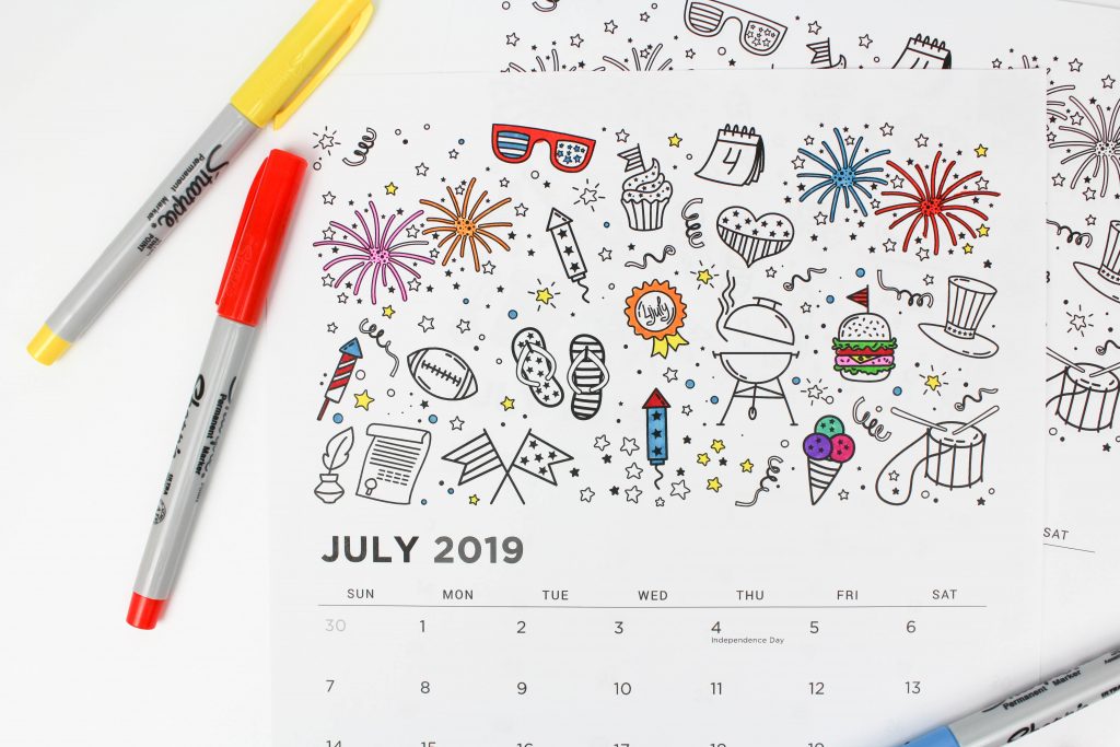 Printable July 2019 Calendar: Coloring Pages!