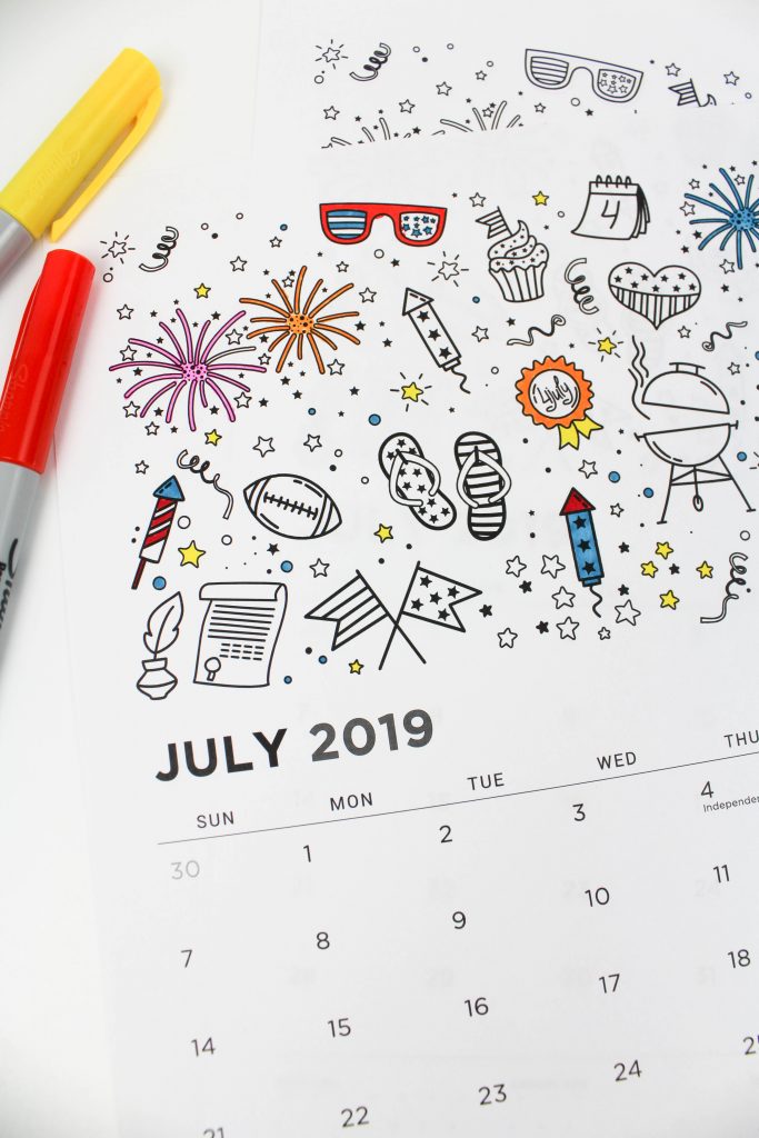 Printable July 2019 Calendar: Coloring Pages!