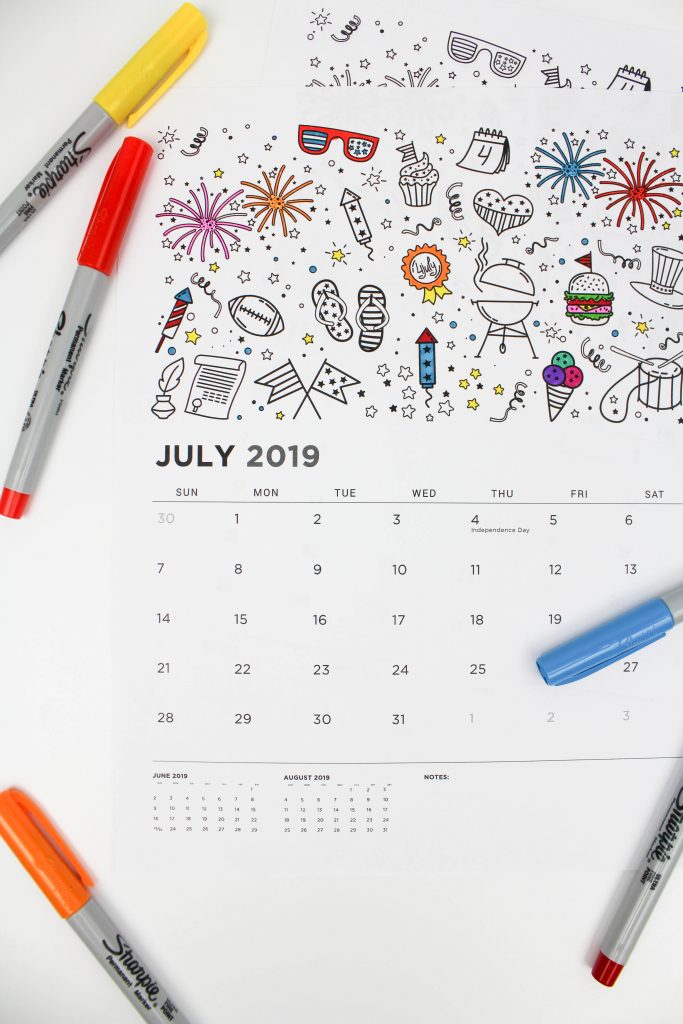 Printable July 2019 Calendar: Coloring Pages!