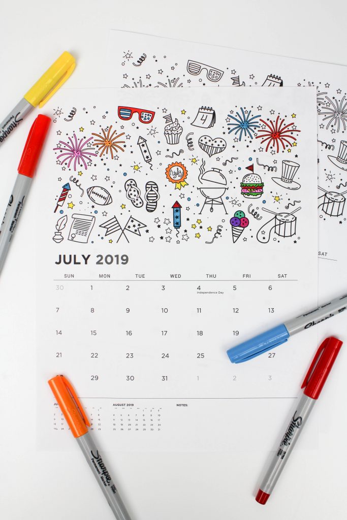 Printable July 2019 Calendar: Coloring Pages!
