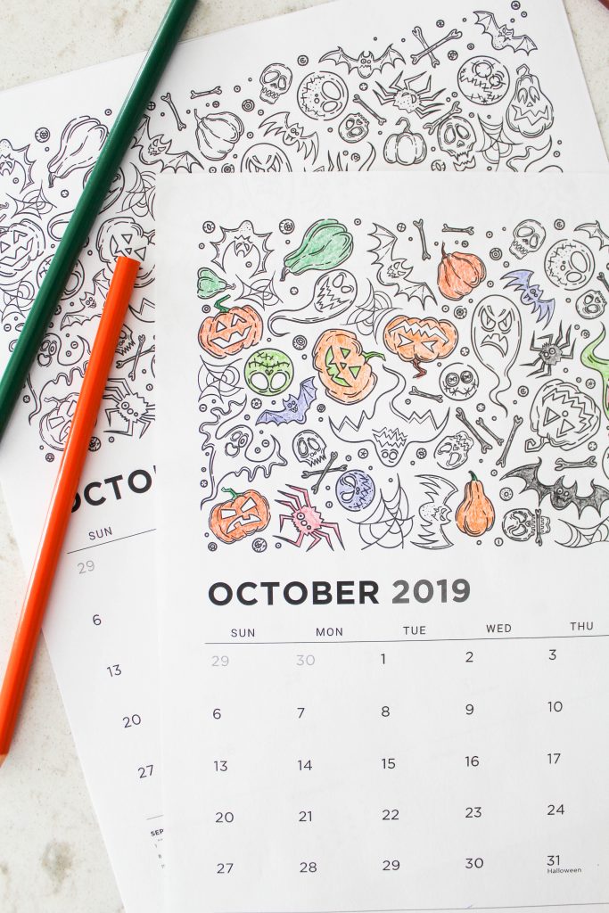 Printable October 2019 Calendar: Coloring Pages!