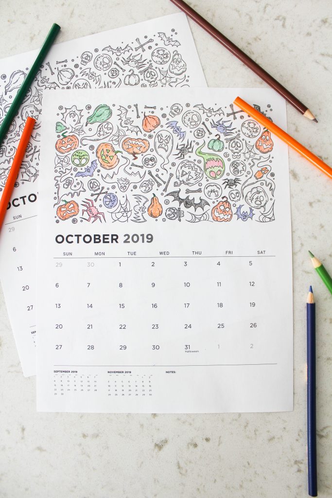 Printable October 2019 Calendar: Coloring Pages!