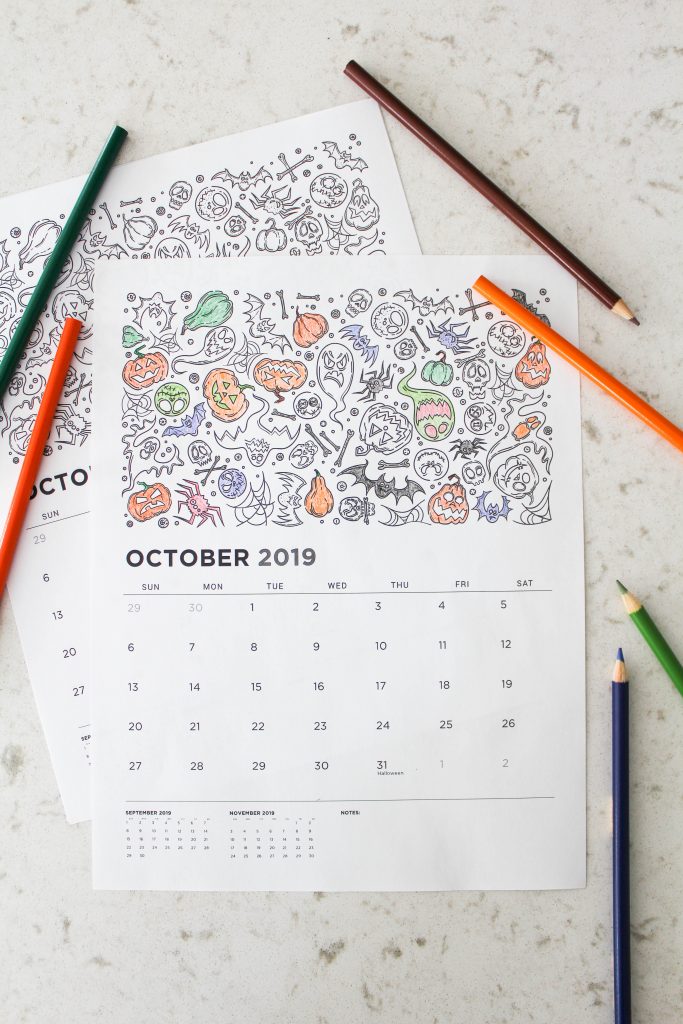 Printable October 2019 Calendar: Coloring Pages!