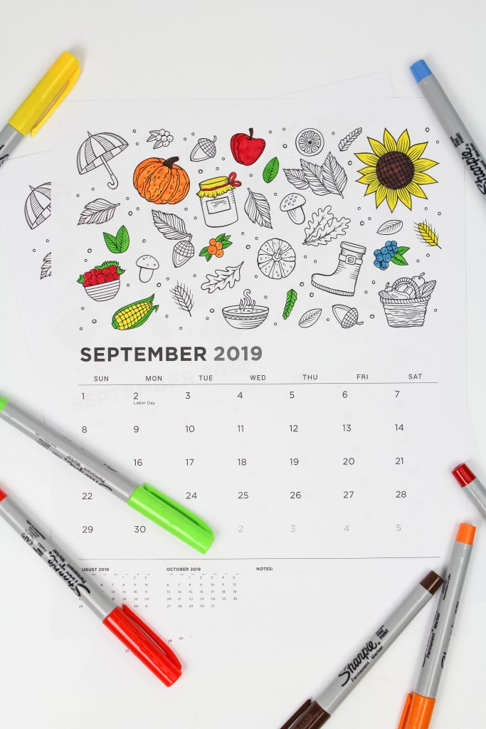 Printable September 2019 Calendar: Coloring Pages!