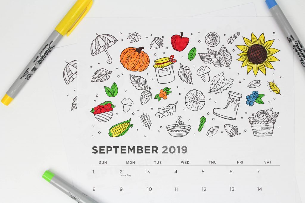 Printable September 2019 Calendar: Coloring Pages!
