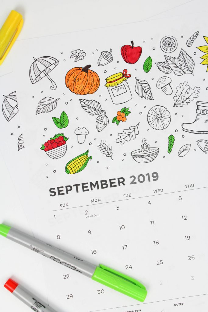 Printable September 2019 Calendar: Coloring Pages!