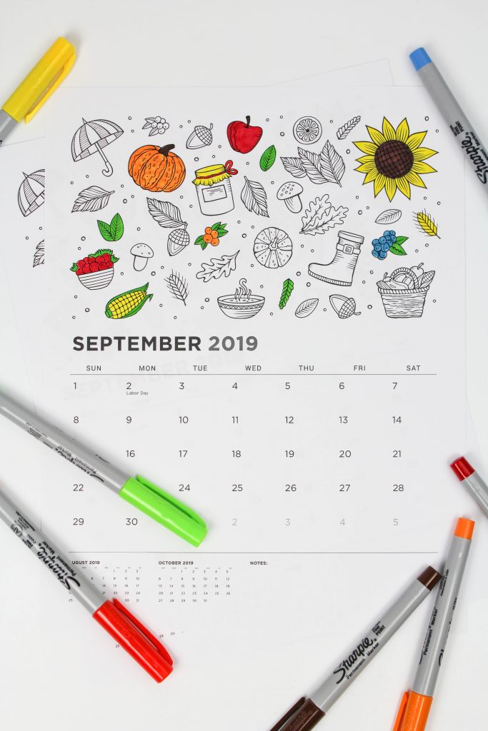 Printable September 2019 Calendar: Coloring Pages!