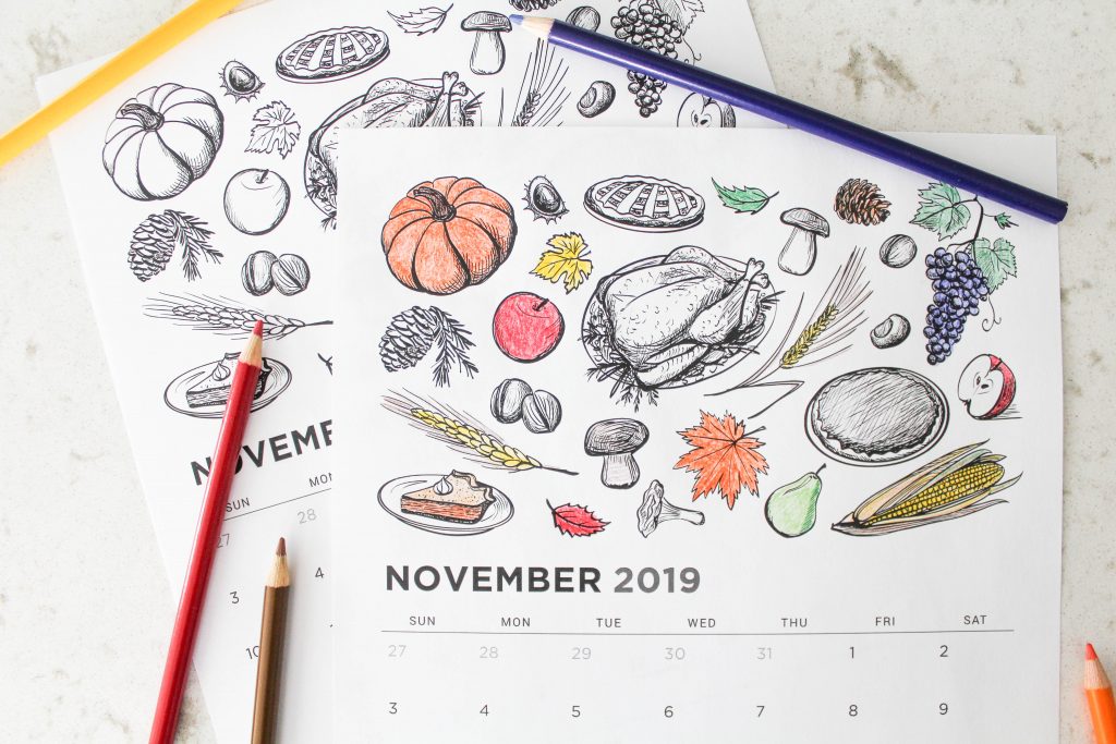 Printable November 2019 Calendar: Coloring Pages!