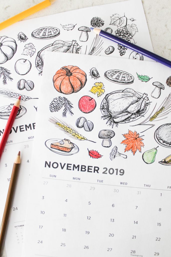 Printable November 2019 Calendar: Coloring Pages!