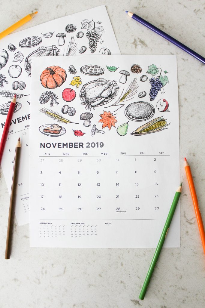 Printable November 2019 Calendar: Coloring Pages!