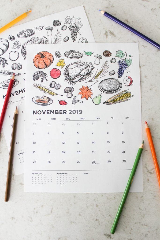 Printable November 2019 Calendar: Coloring Pages!