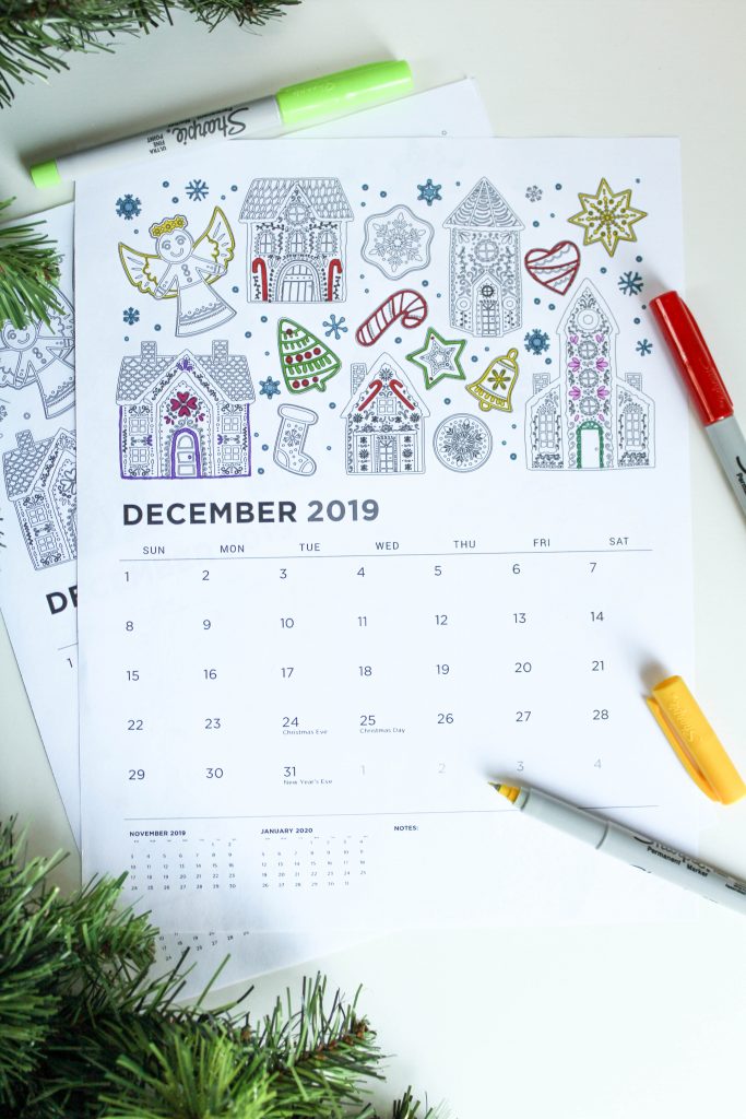 Printable December 2019 Calendar: Coloring Pages!