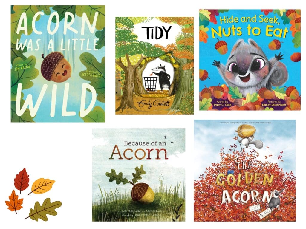 Fall nature books for kids featuring picture books about acorns, woodland animals, trees and exploring nature in autumn.