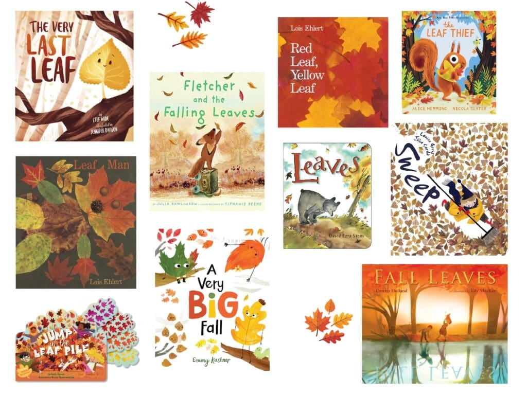 Fall leaf books for kids featuring children's picture books about colorful autumn leaves, falling leaves and leaf piles.