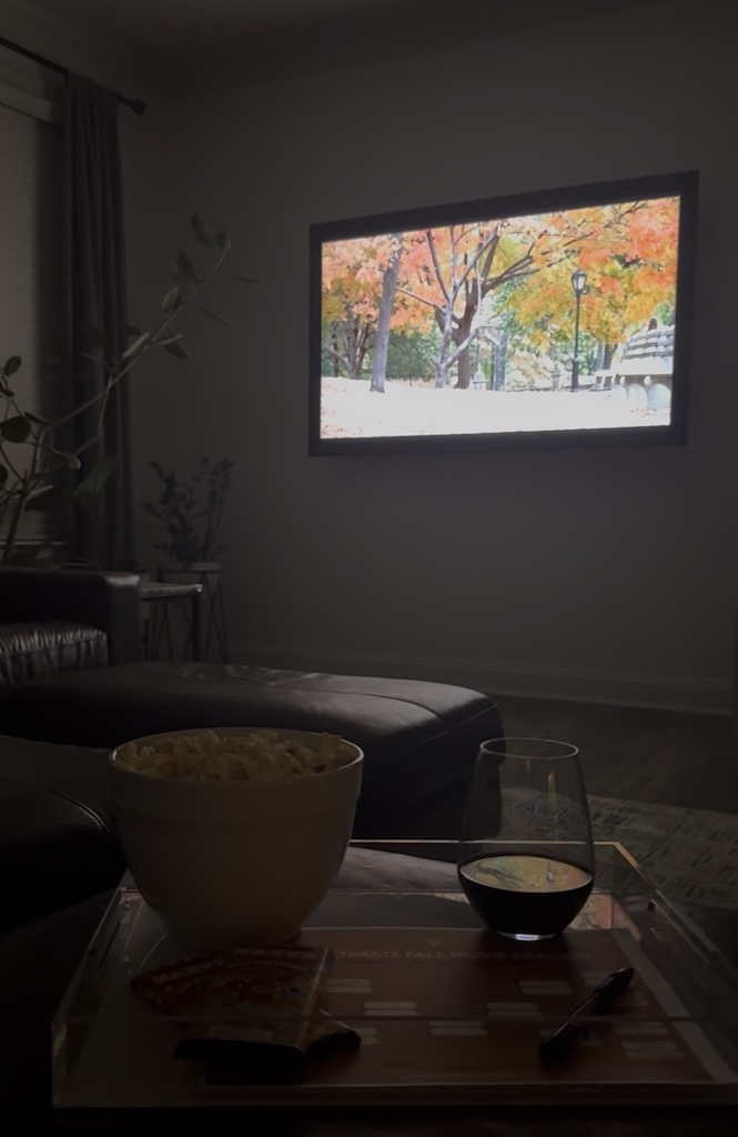 Fall movie night with popcorn, wine, and a printable movie bracket
