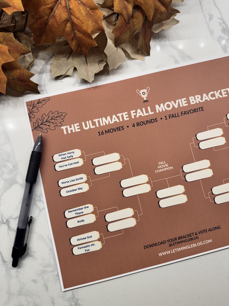 Printable fall movie bracket styled with autumn leaves and pens