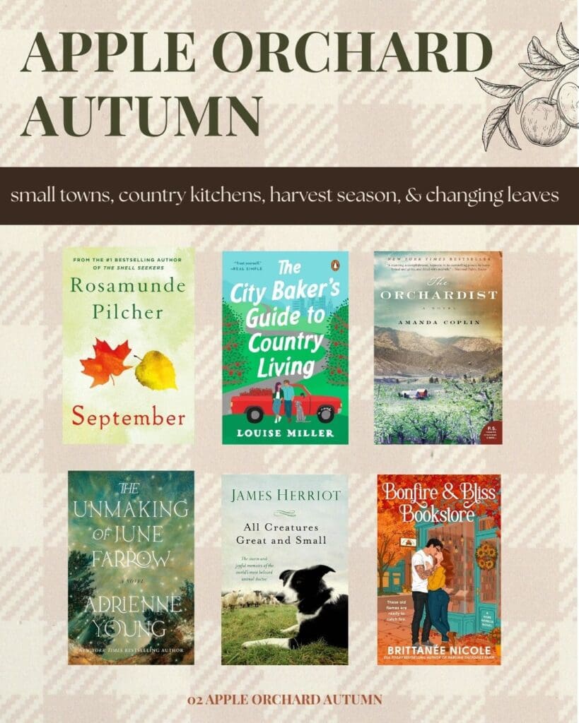 Six autumn book recommendations with small towns, country kitchens, apple orchards, harvest season, and changing leaves.