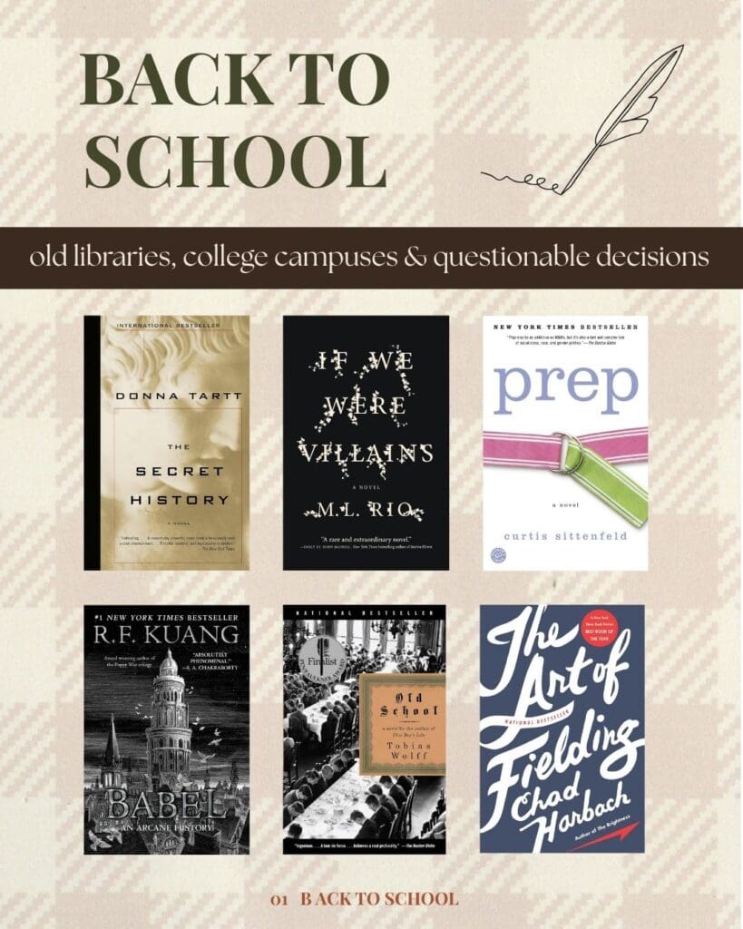 Six back-to-school fall book recommendations featuring old libraries, college campuses, boarding schools, and dark academia.