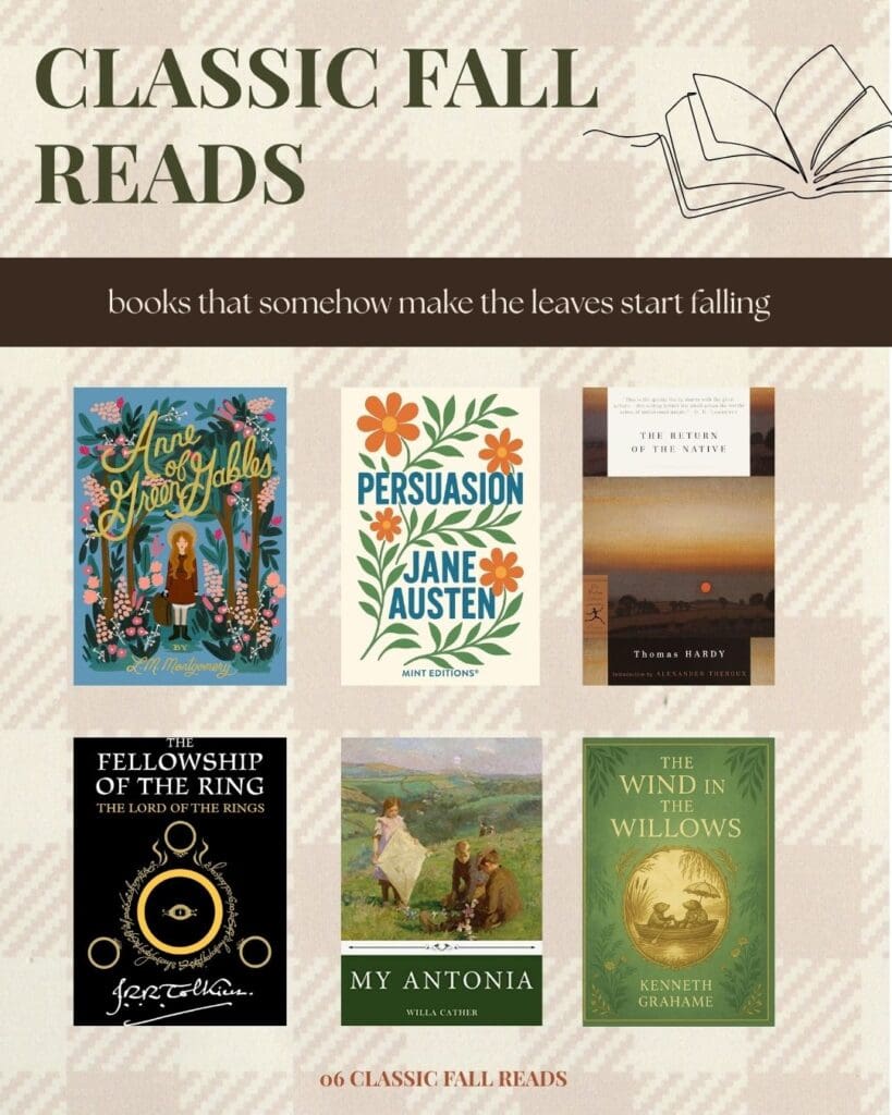 Six classic fall books with autumn settings, changing seasons, countryside landscapes, and nostalgic atmosphere.