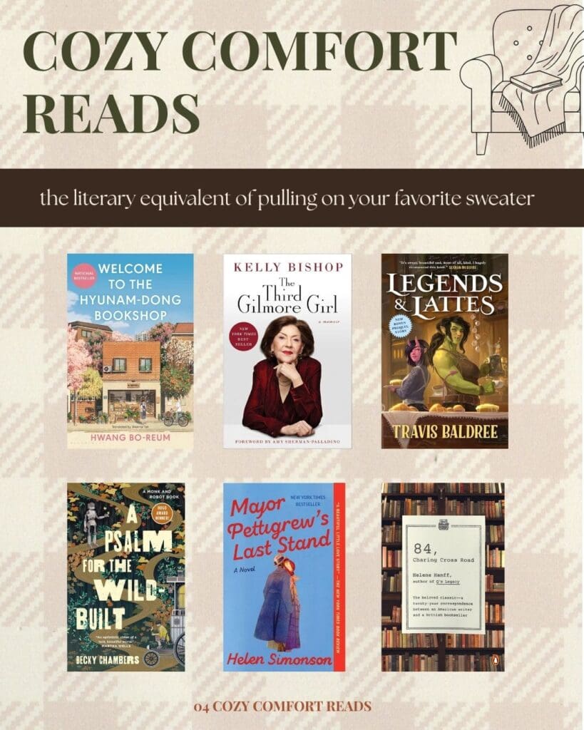 Six cozy comfort books for fall featuring bookstores, coffee, friendship, charming communities, and gentle stories.