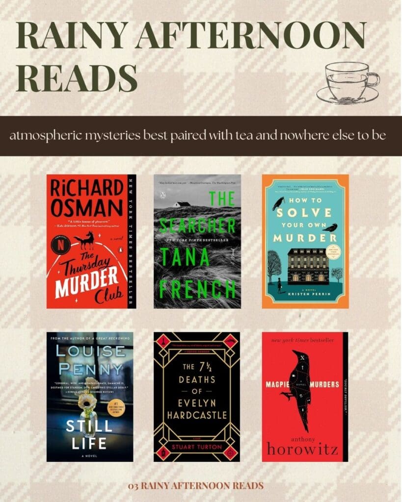 Six atmospheric mystery books for fall, perfect for rainy afternoons, and cozy days at home.
