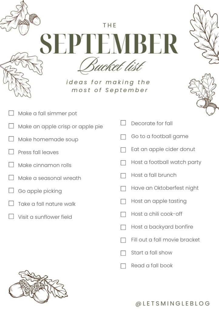 Complete September bucket list with 24 early fall ideas for things to make, do, host, watch, and read throughout the month.