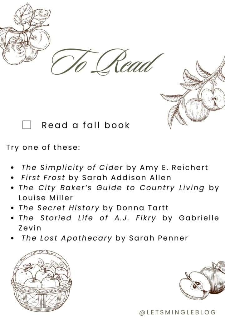 September reading list featuring six fall book recommendations: The Simplicity of Cider, First Frost, The City Baker's Guide to Country Living, The Secret History, The Storied Life of A.J. Fikry, and The Lost Apothecary.