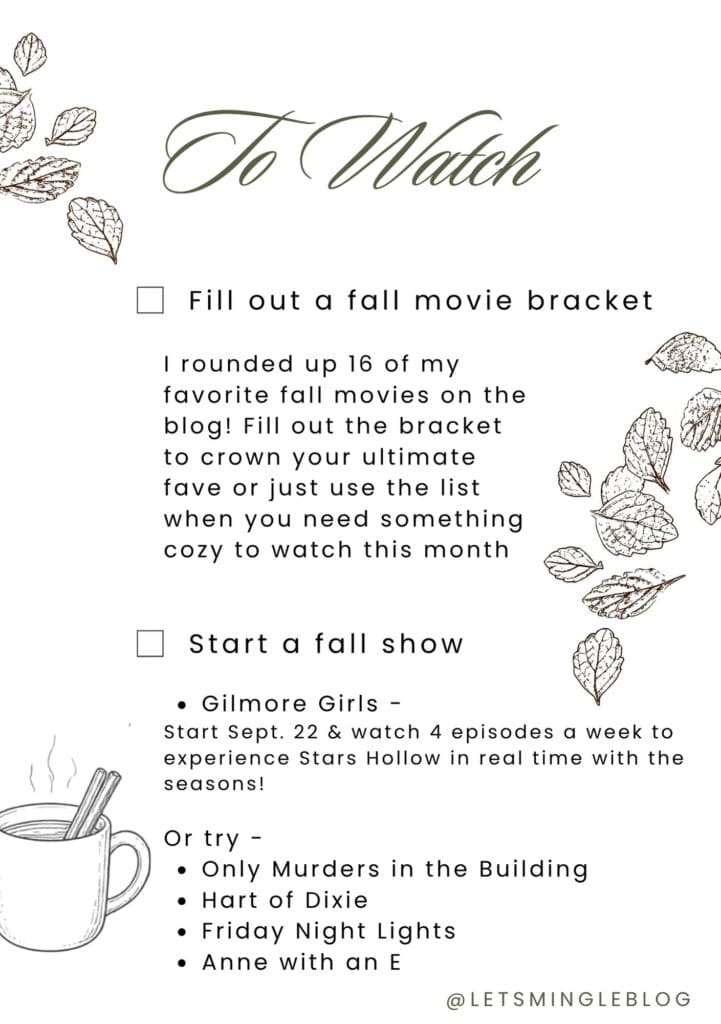 September bucket list with cozy fall viewing ideas, including a fall movie bracket and fall tv shows such as Gilmore Girls, Only Murders in the Building, Hart of Dixie, Friday Night Lights, and Anne with an E.
