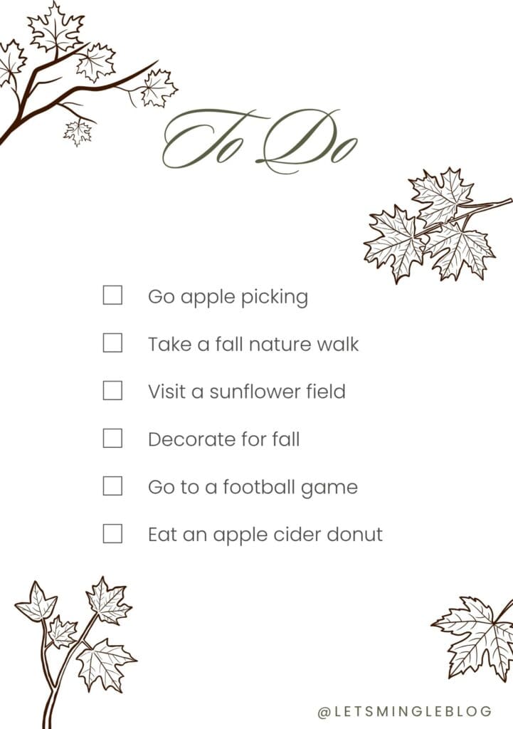 September bucket list with six early fall activities: apple picking, taking a fall nature walk, visiting a sunflower field, decorating for fall, going to a football game, and eating an apple cider donut.