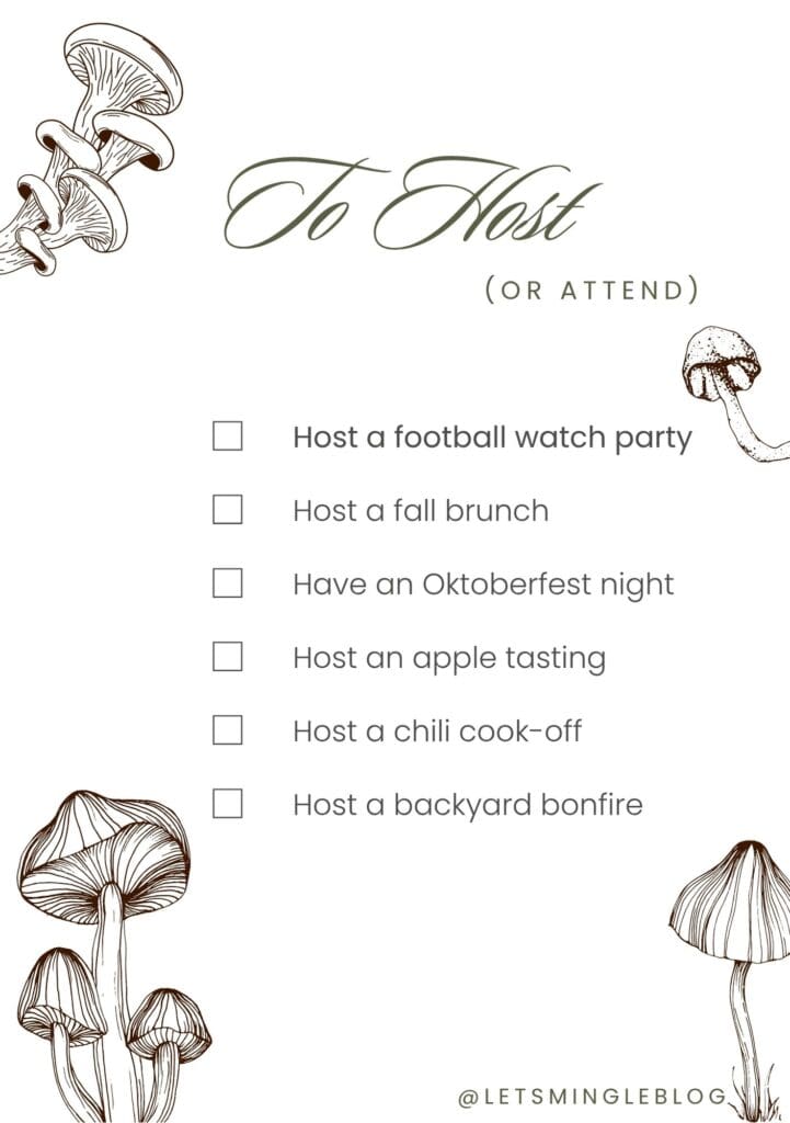 September bucket list with six fall gathering ideas: a football watch party, fall brunch, Oktoberfest night, apple tasting, chili cook-off, and a backyard bonfire.