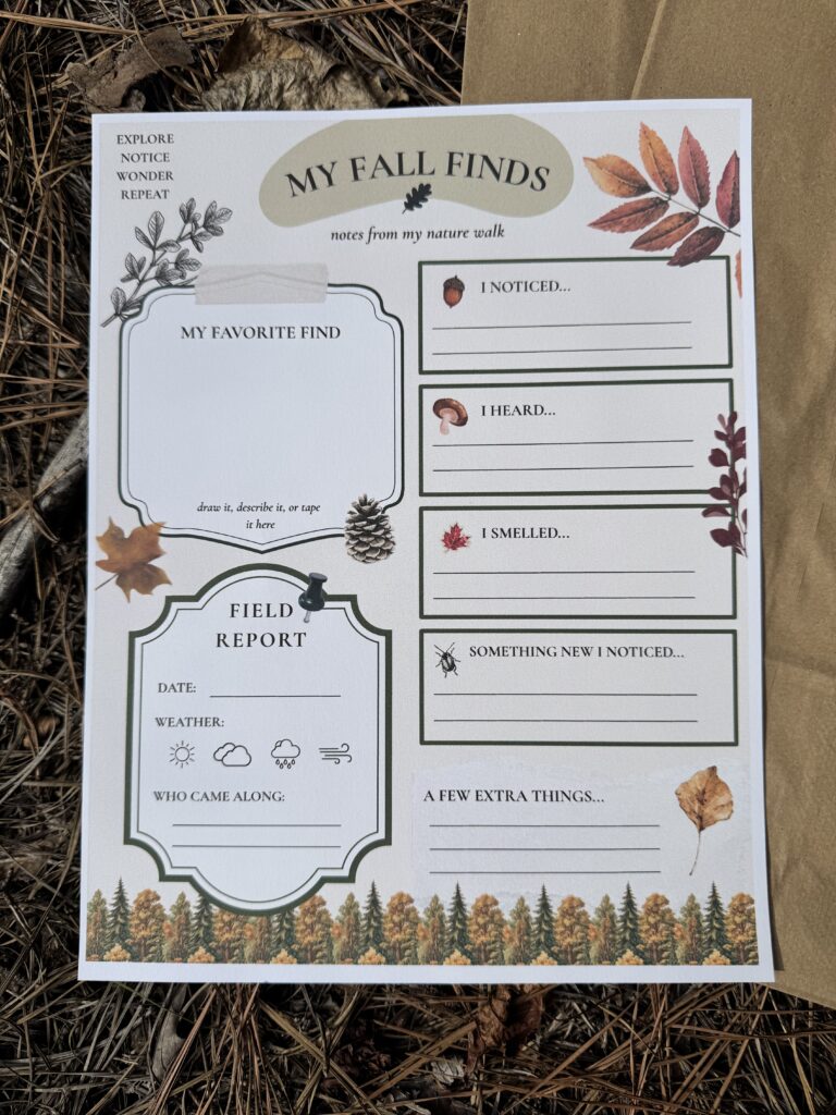 My Fall Finds printable nature journal with sections for a favorite discovery, field report, and notes about what was noticed, heard, and smelled.
