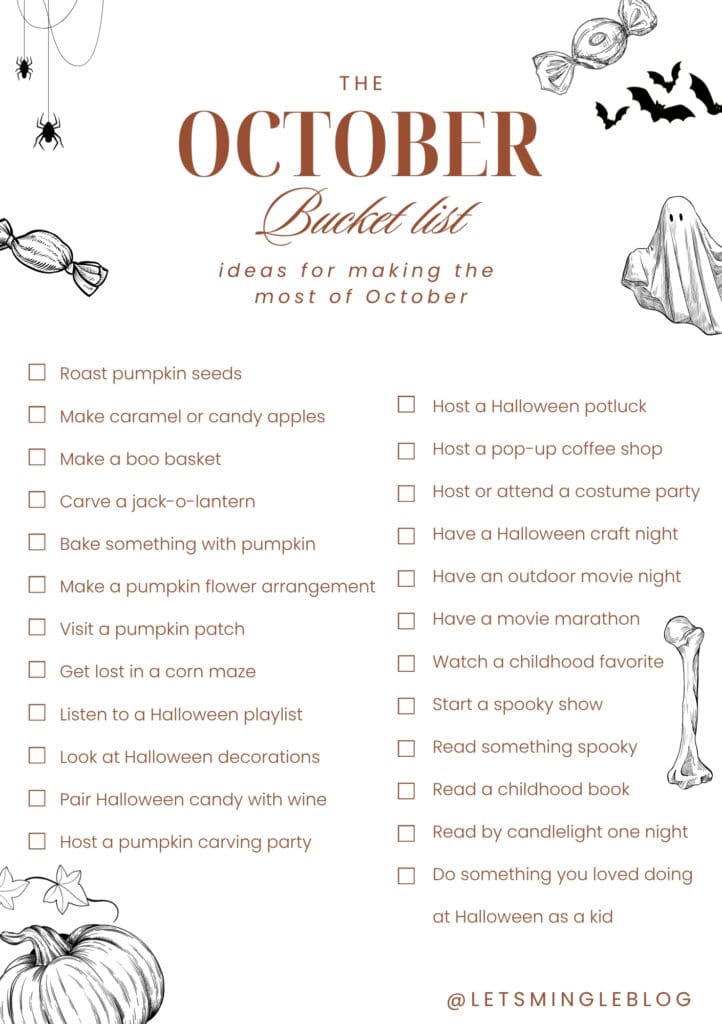 Full October bucket list with 24 fall and Halloween ideas for things to make, do, host, watch and read