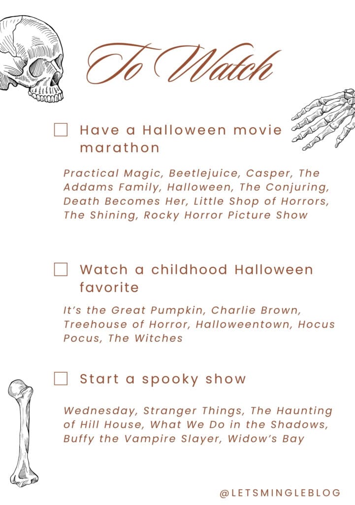 October watch list ideas including a Halloween movie marathon, childhood Halloween favorites and a spooky TV series