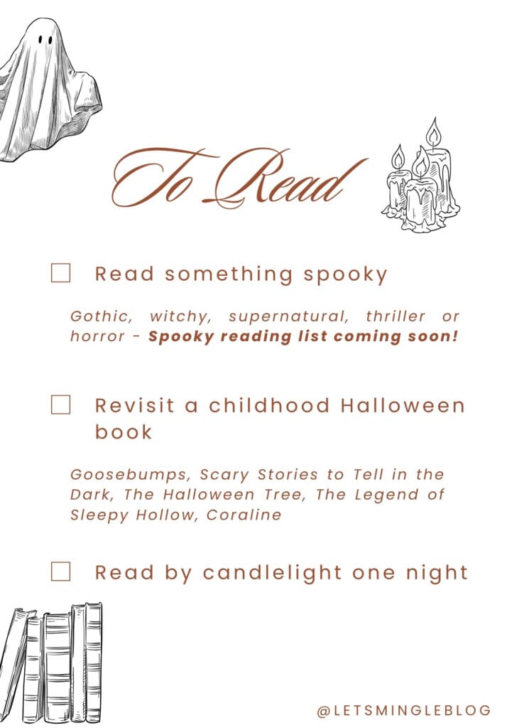 October reading ideas including trying a spooky genre, rereading a childhood Halloween book and reading by candlelight