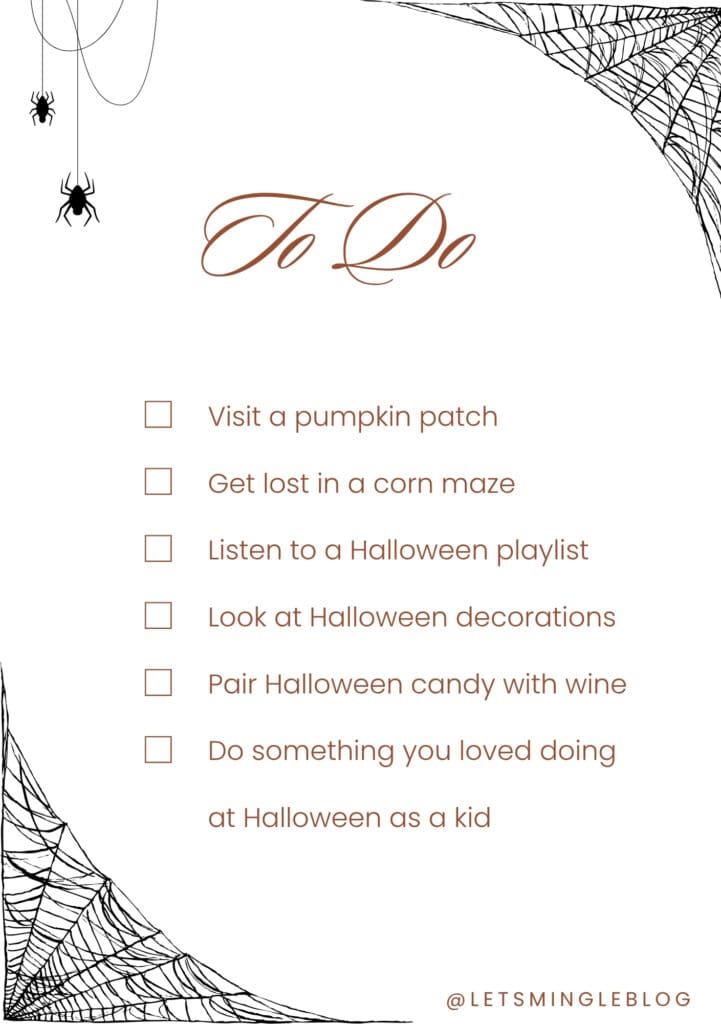 October activities including visiting a pumpkin patch, exploring a corn maze, making a Halloween playlist, looking at decorations, pairing Halloween candy with wine and recreating a childhood Halloween activity