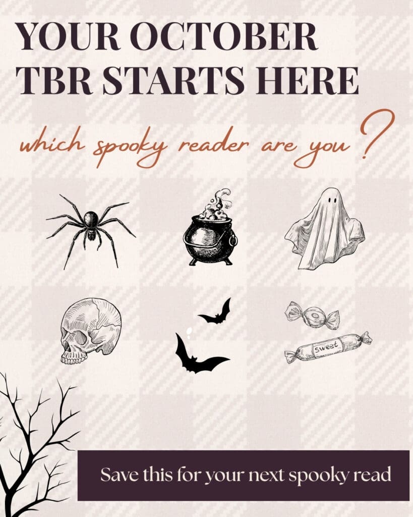 October TBR graphic featuring six spooky reading categories: Gothic, witchy, ghostly, thriller, horror and spooky romance